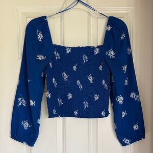 Abercrombie & Fitch Royal Blue Floral Smocked Long Sleeve Top